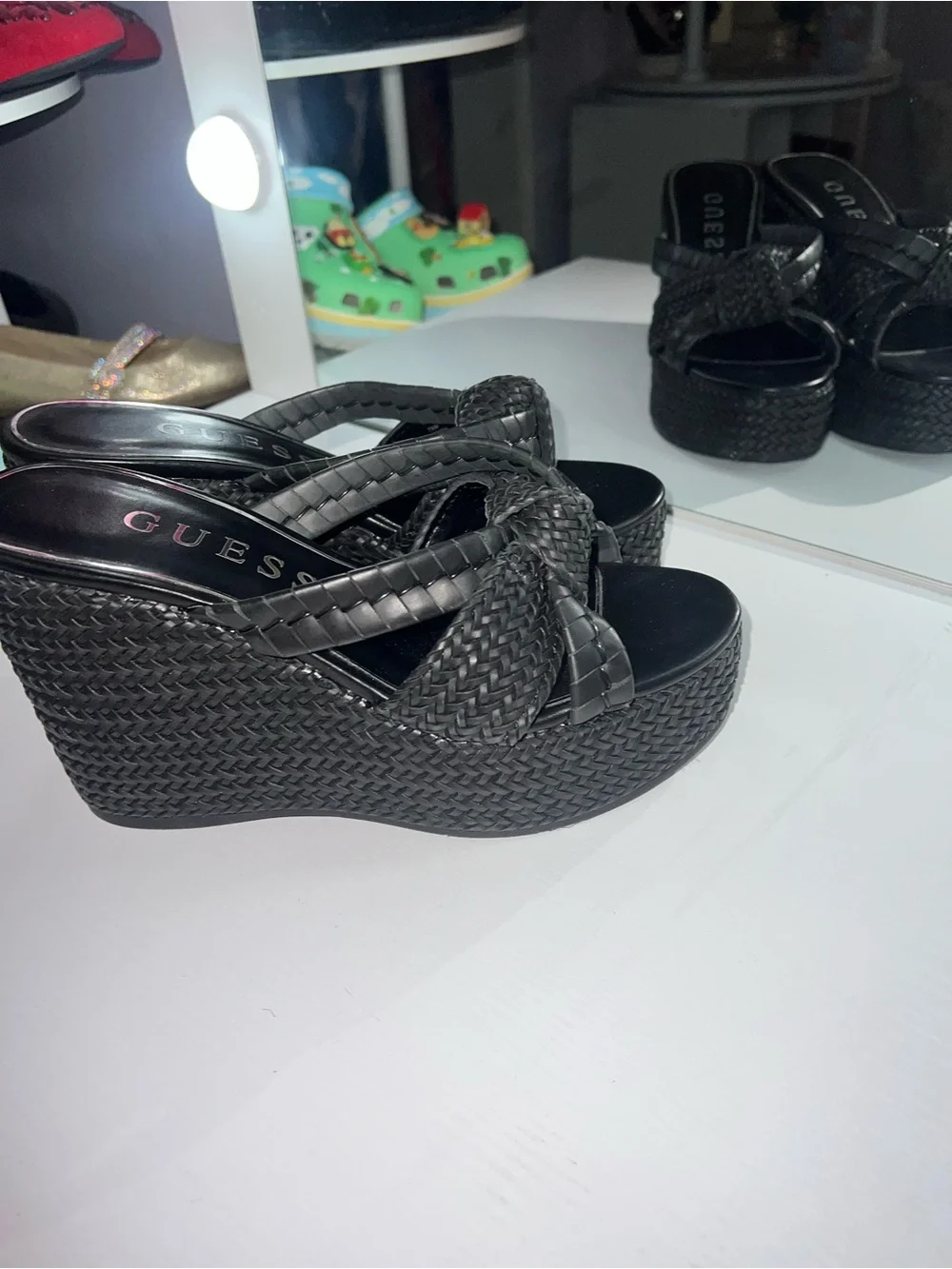 GUESS Black Eveh Knotted Jute Wrapped Platform Wedge Sandals